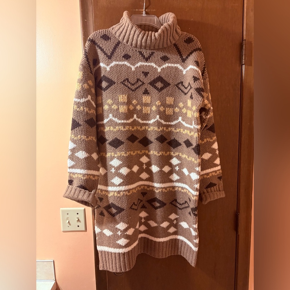 NWT Flat White Anthropologie brown fair isle turtleneck sweater dress
